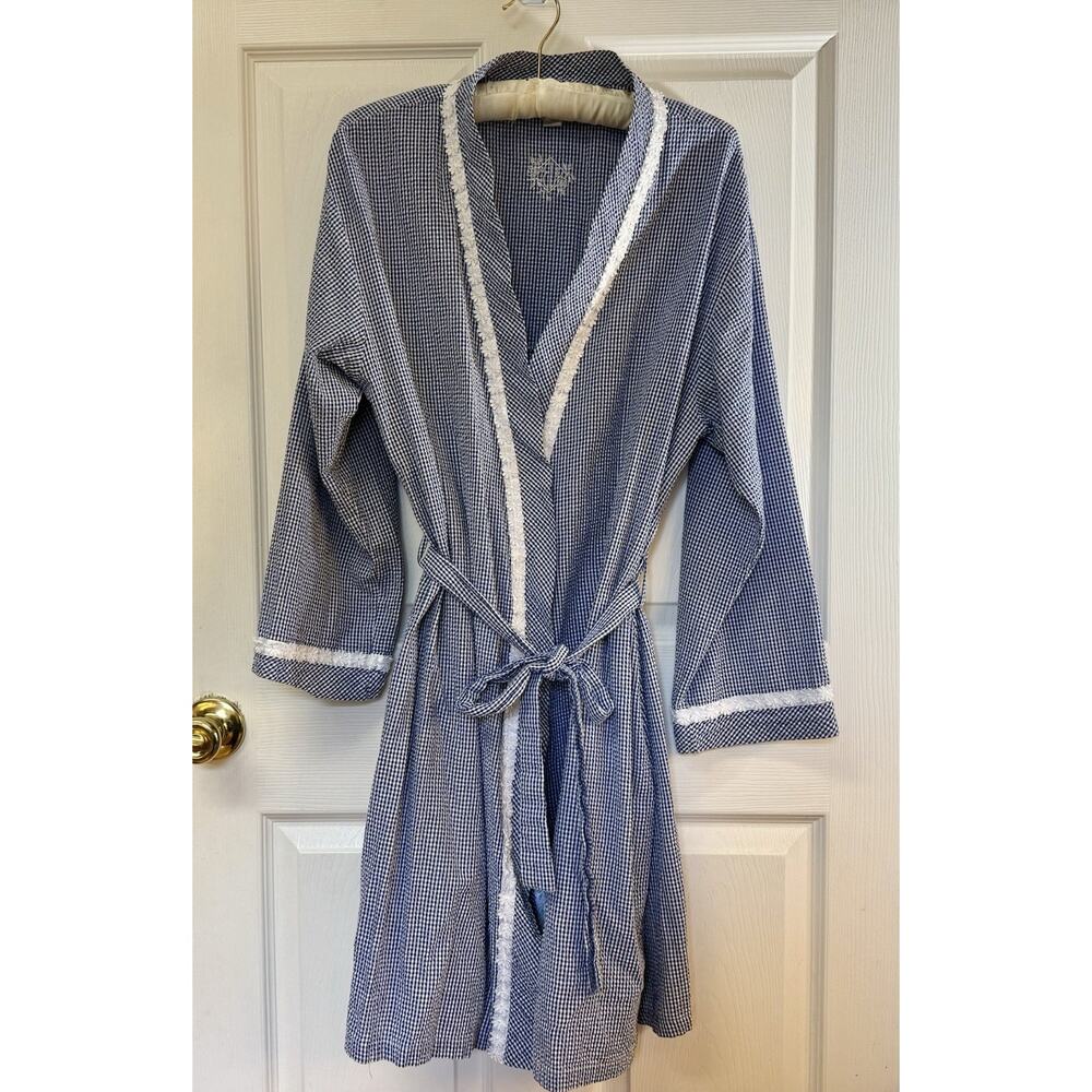 EILEEN WEST BLUE WHITE Gingham CHECK Lightweight SHORT Womens M WRAP ROBE